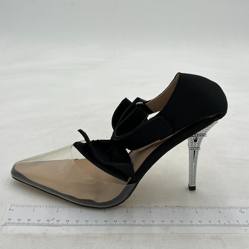 Black Women's Pointy Toe High Heel Dorsay Sandal Bowknot Ankle Strap Dress Shoe